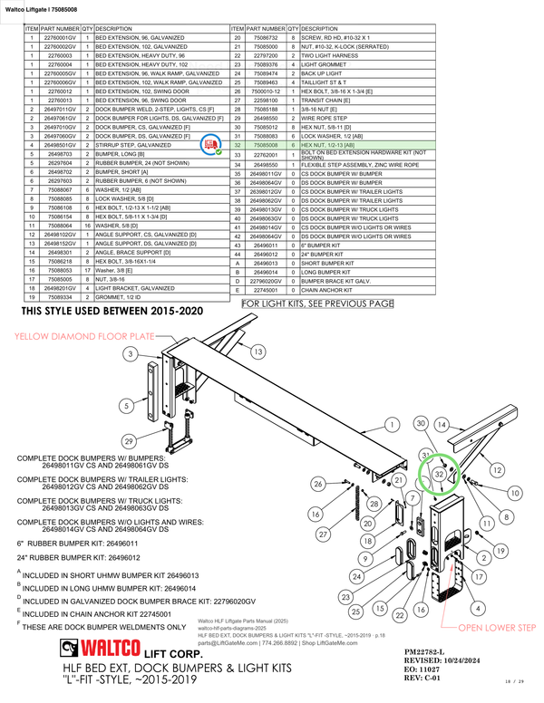 Waltco Liftgate | 75085008 — HLF BED EXT, DOCK BUMPERS & LIGHT KITS "L"-FIT -STYLE, ~2015-2019 · p.18 (Waltco HLF Parts Manual)
