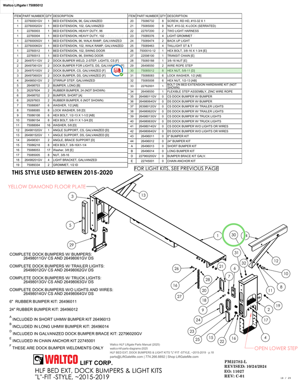 Waltco Liftgate | 75085012 — HLF BED EXT, DOCK BUMPERS & LIGHT KITS "L"-FIT -STYLE, ~2015-2019 · p.18 (Waltco HLF Parts Manual)