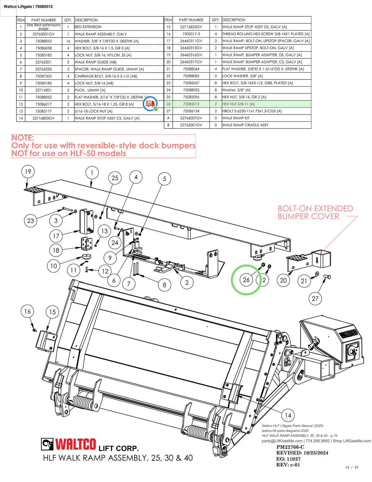Waltco Liftgate | 75085012 — HLF WALK RAMP ASSEMBLY, 25, 30 & 40 · p.19 (Waltco HLF Parts Manual)