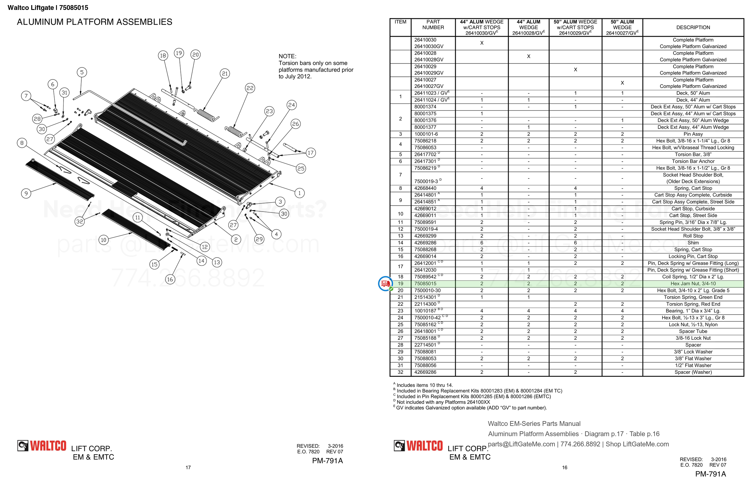Waltco Liftgate | 75085015 — Aluminum Platform Assemblies · Diagram p.17 · Table p.16 (Waltco EM-Series Parts Manual)