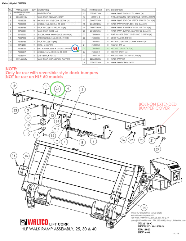 Waltco Liftgate | 75085096 — HLF WALK RAMP ASSEMBLY, 25, 30 & 40 · p.19 (Waltco HLF Parts Manual)
