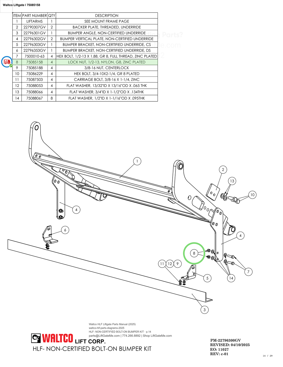 Waltco Liftgate | 75085158 — HLF- NON-CERTIFIED BOLT-ON BUMPER KIT · p.14 (Waltco HLF Parts Manual)