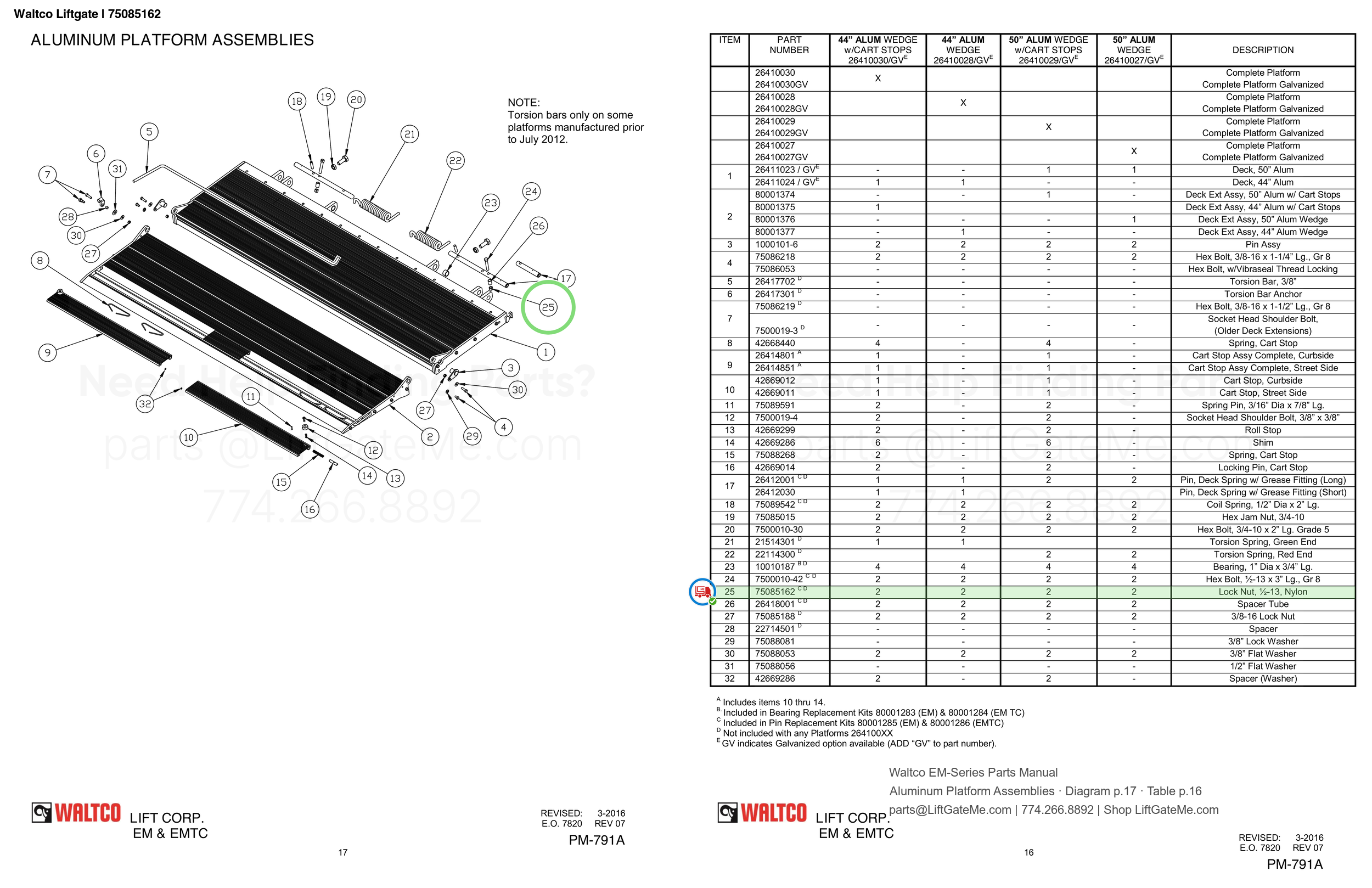 Waltco Liftgate | 75085162 — Aluminum Platform Assemblies · Diagram p.17 · Table p.16 (Waltco EM-Series Parts Manual)