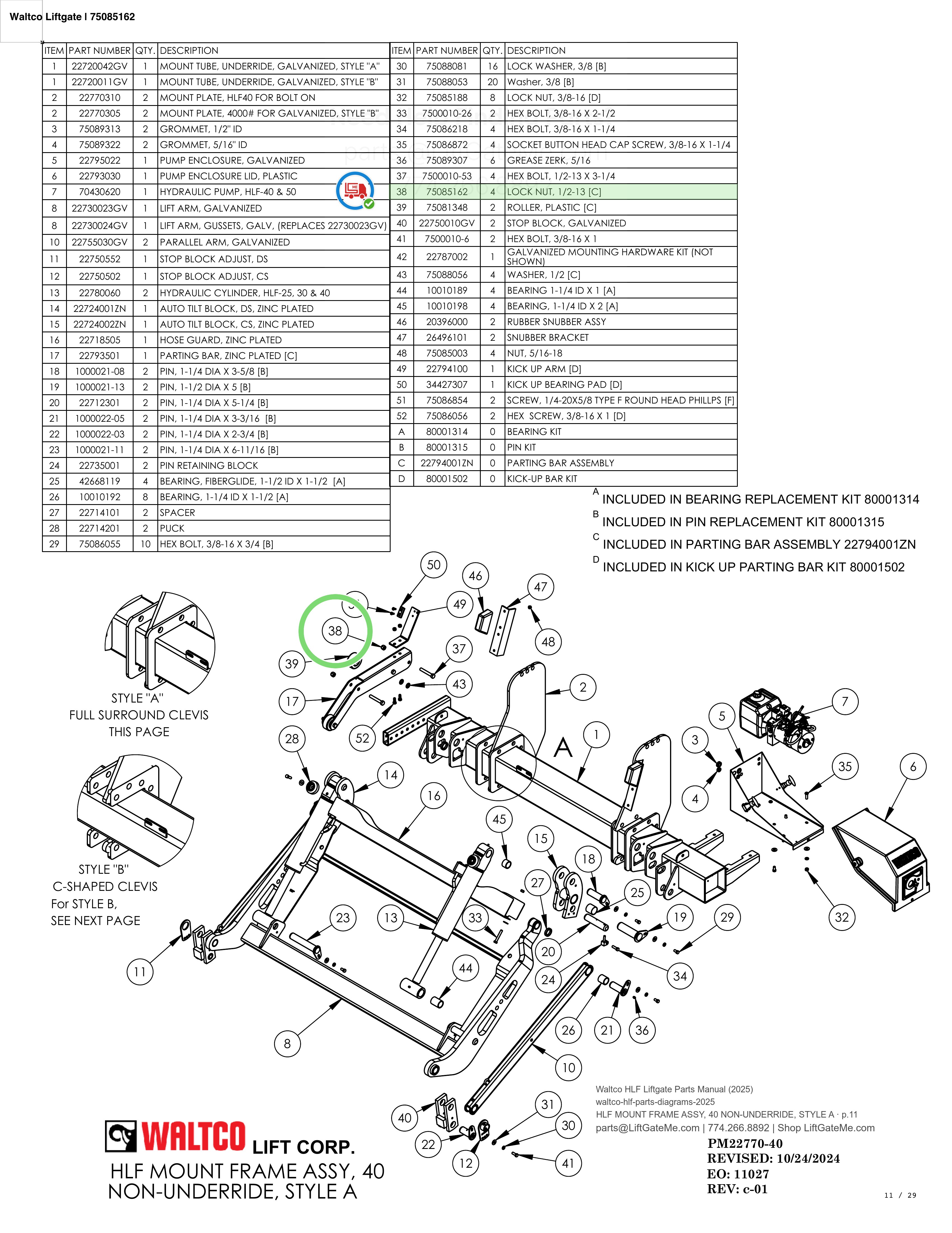 Waltco Liftgate | 75085162 — HLF MOUNT FRAME ASSY, 40 NON-UNDERRIDE, STYLE A · p.11 (Waltco HLF Parts Manual)