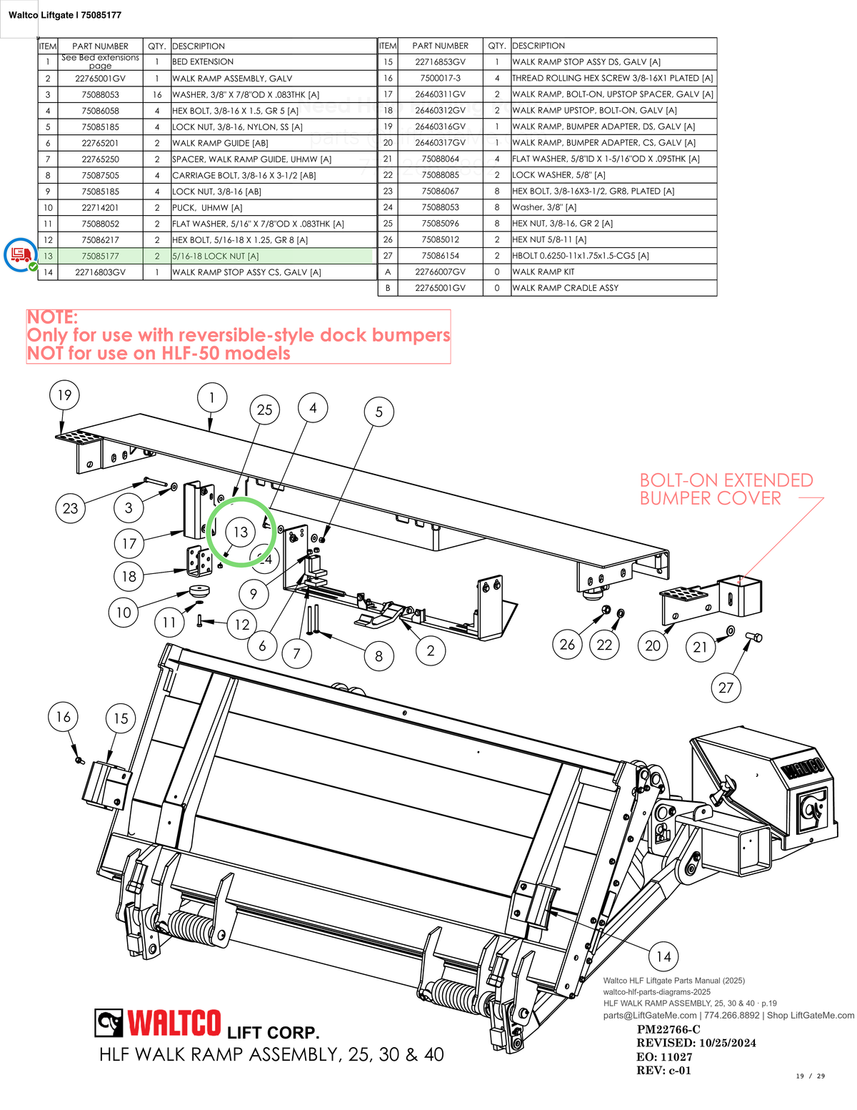Waltco Liftgate | 75085177 — HLF WALK RAMP ASSEMBLY, 25, 30 & 40 · p.19 (Waltco HLF Parts Manual)