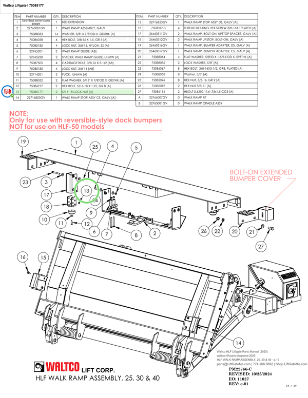 Waltco Liftgate | 75085177 — HLF WALK RAMP ASSEMBLY, 25, 30 & 40 · p.19 (Waltco HLF Parts Manual)