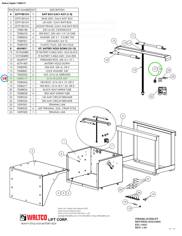 Waltco Liftgate | 75085177 — HEAVY-STYLE AUX BATTERY BOX · p.26 (Waltco HLF Parts Manual)