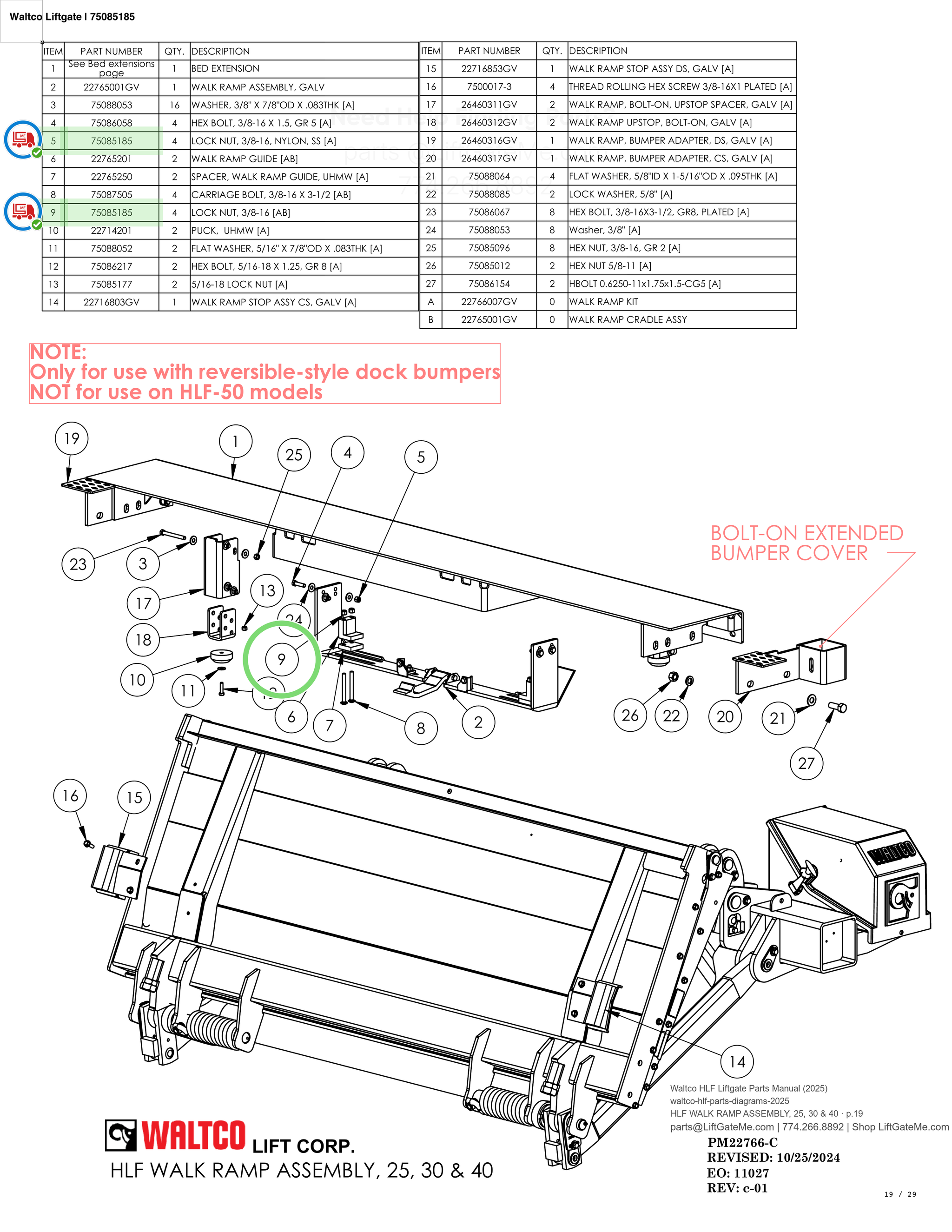 Waltco Liftgate | 75085185 — HLF WALK RAMP ASSEMBLY, 25, 30 & 40 · p.19 (Waltco HLF Parts Manual)