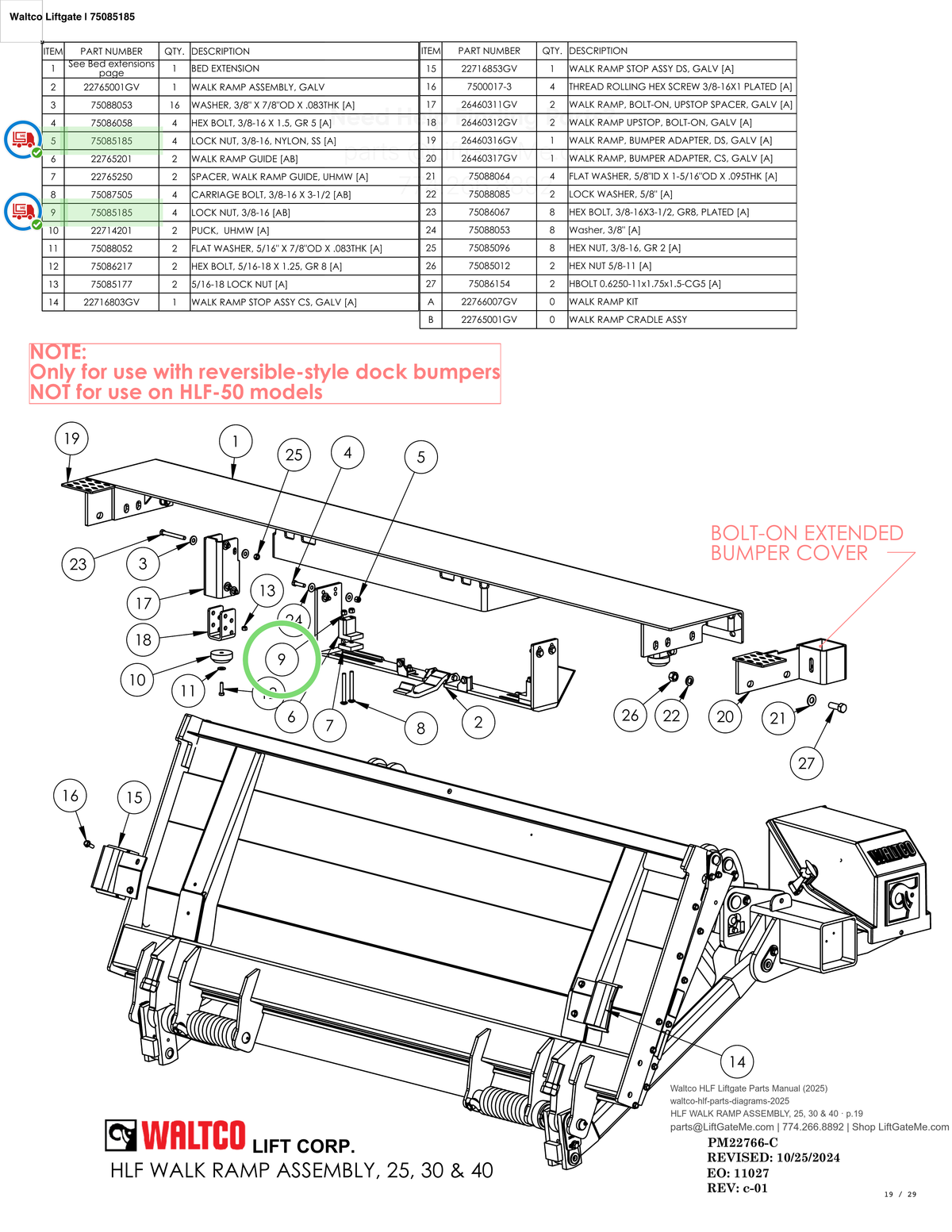 Waltco Liftgate | 75085185 — HLF WALK RAMP ASSEMBLY, 25, 30 & 40 · p.19 (Waltco HLF Parts Manual)