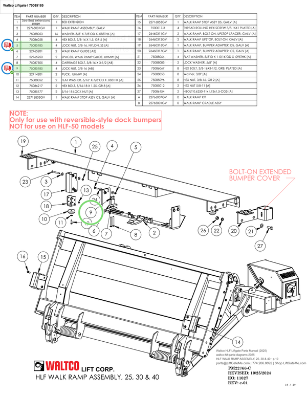 Waltco Liftgate | 75085185 — HLF WALK RAMP ASSEMBLY, 25, 30 & 40 · p.19 (Waltco HLF Parts Manual)