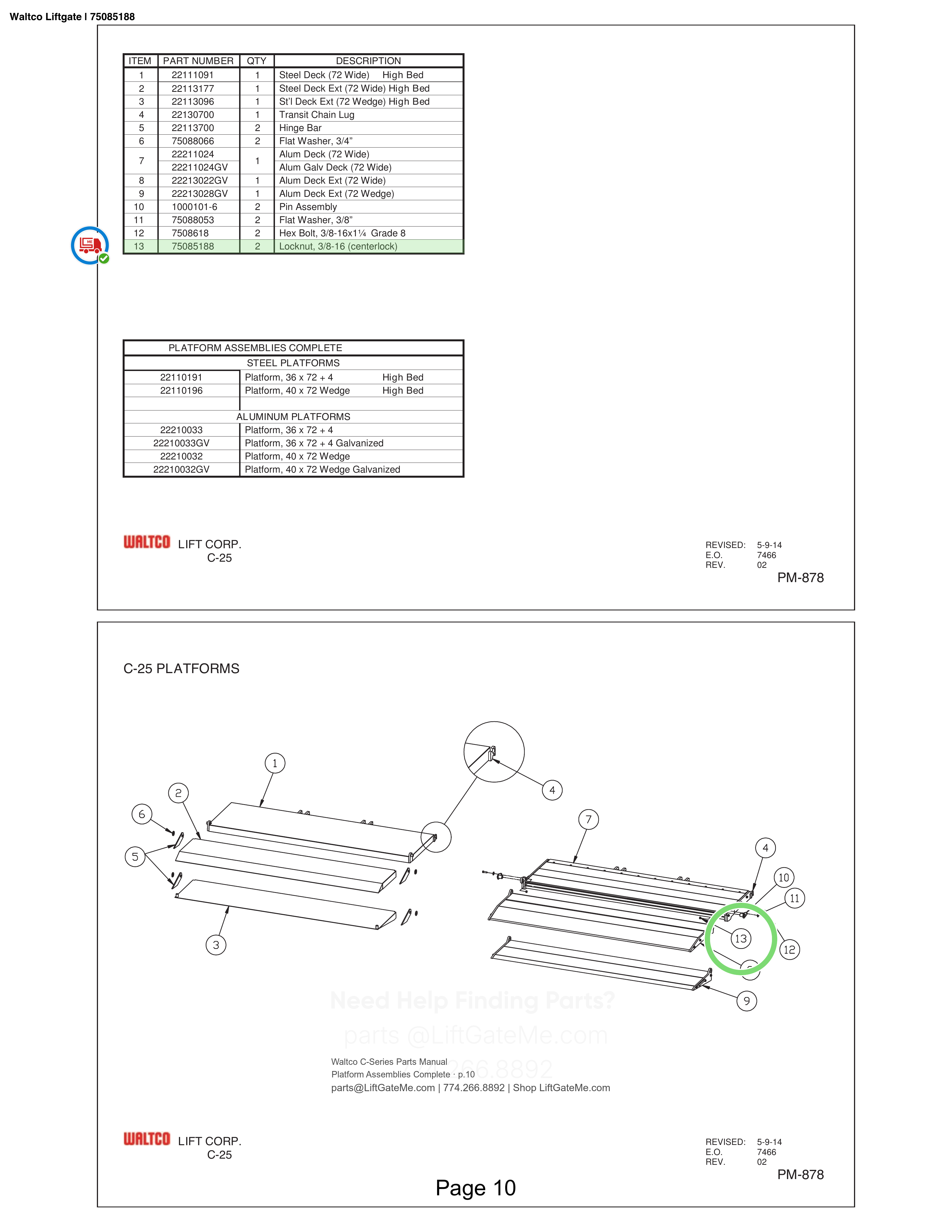 Waltco Liftgate | 75085188 — Platform Assemblies Complete · p.10 (Waltco C-Series Parts Manual)