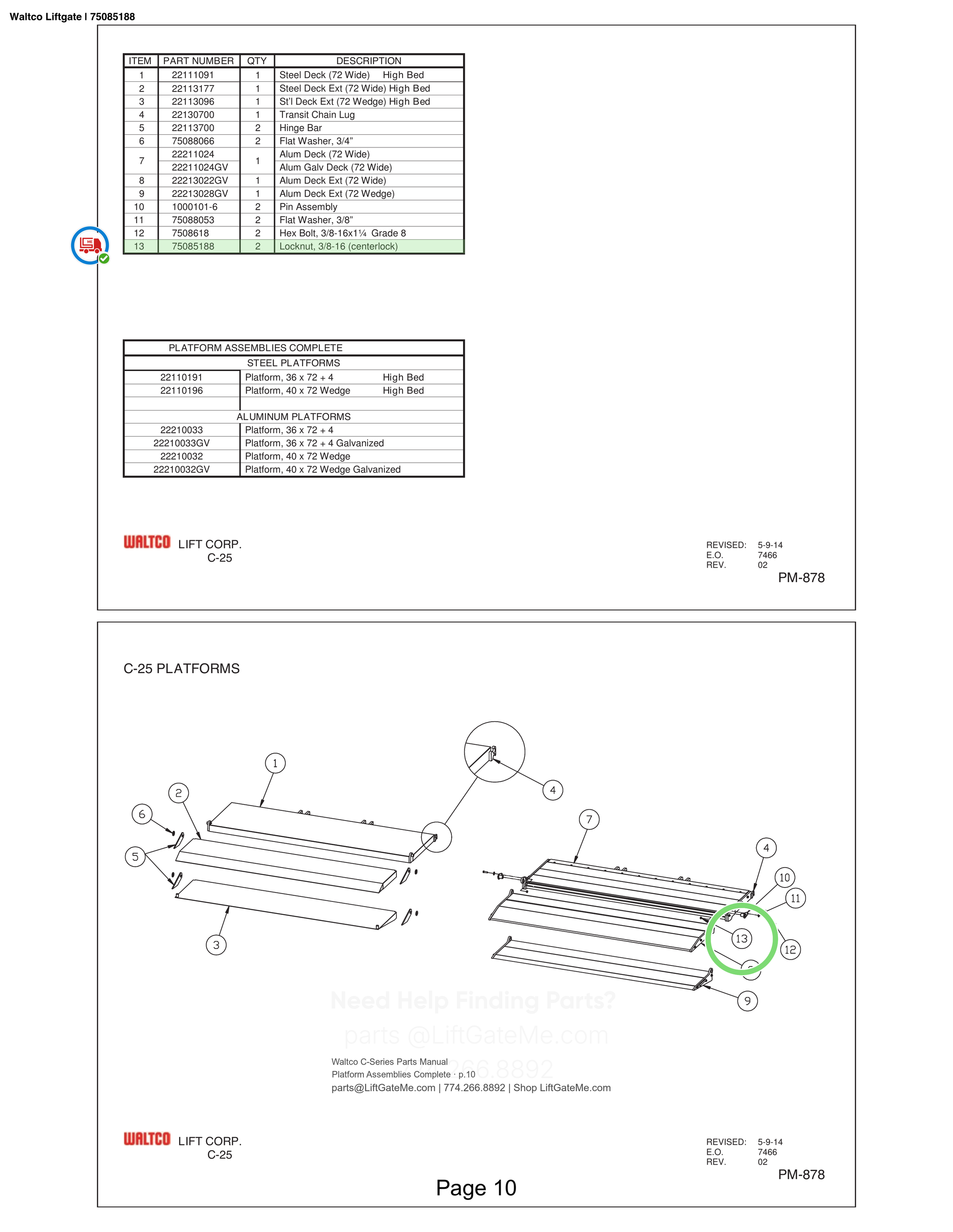 Waltco Liftgate | 75085188 — Platform Assemblies Complete · p.10 (Waltco C-Series Parts Manual)