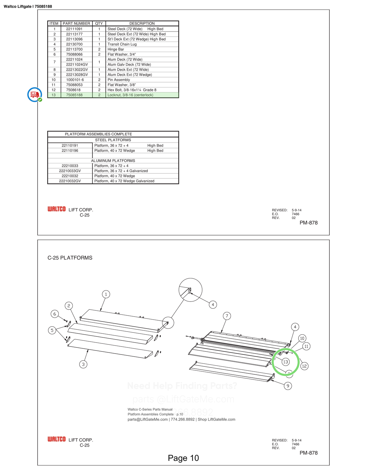 Waltco Liftgate | 75085188 — Platform Assemblies Complete · p.10 (Waltco C-Series Parts Manual)