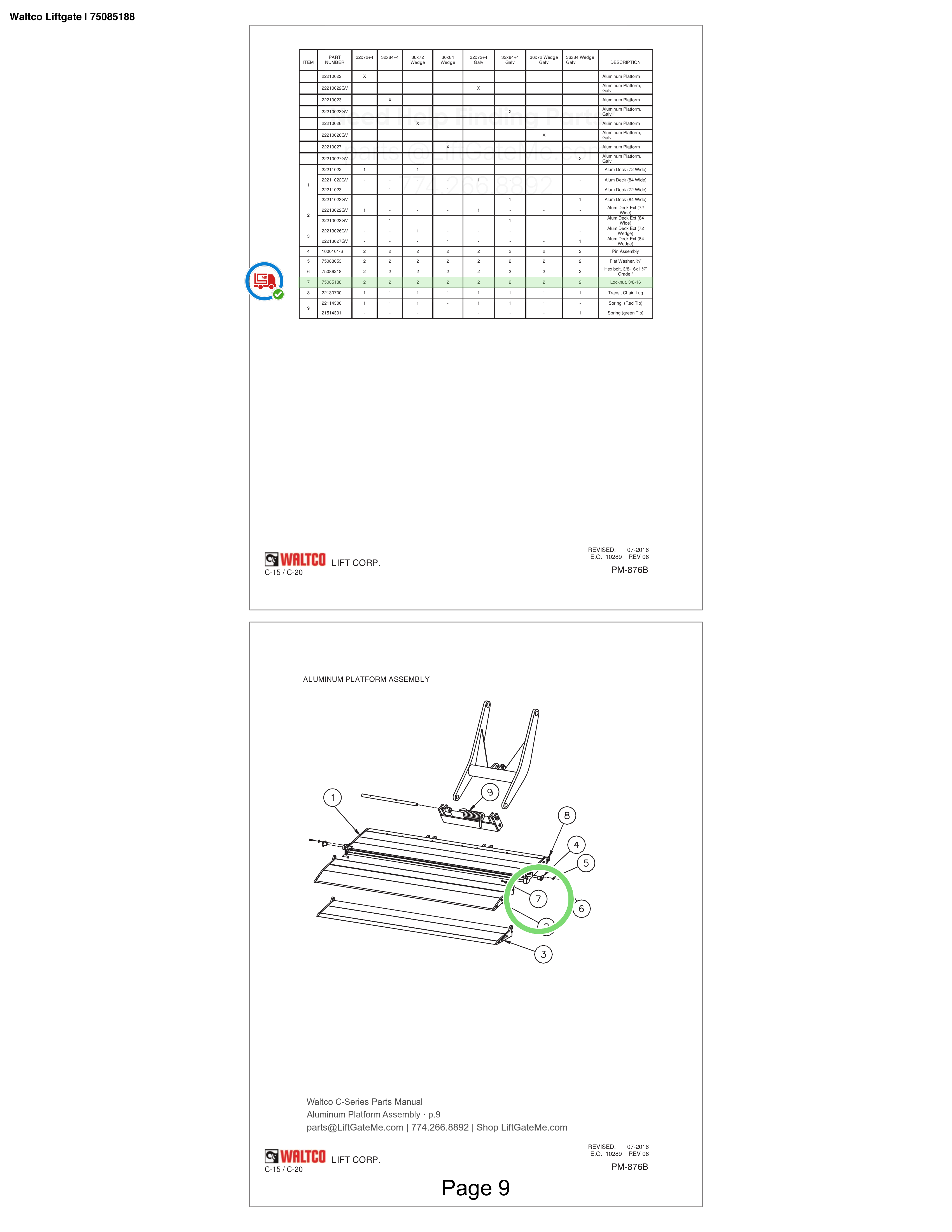 Waltco Liftgate | 75085188 — Aluminum Platform Assembly · p.9 (Waltco C-Series Parts Manual)
