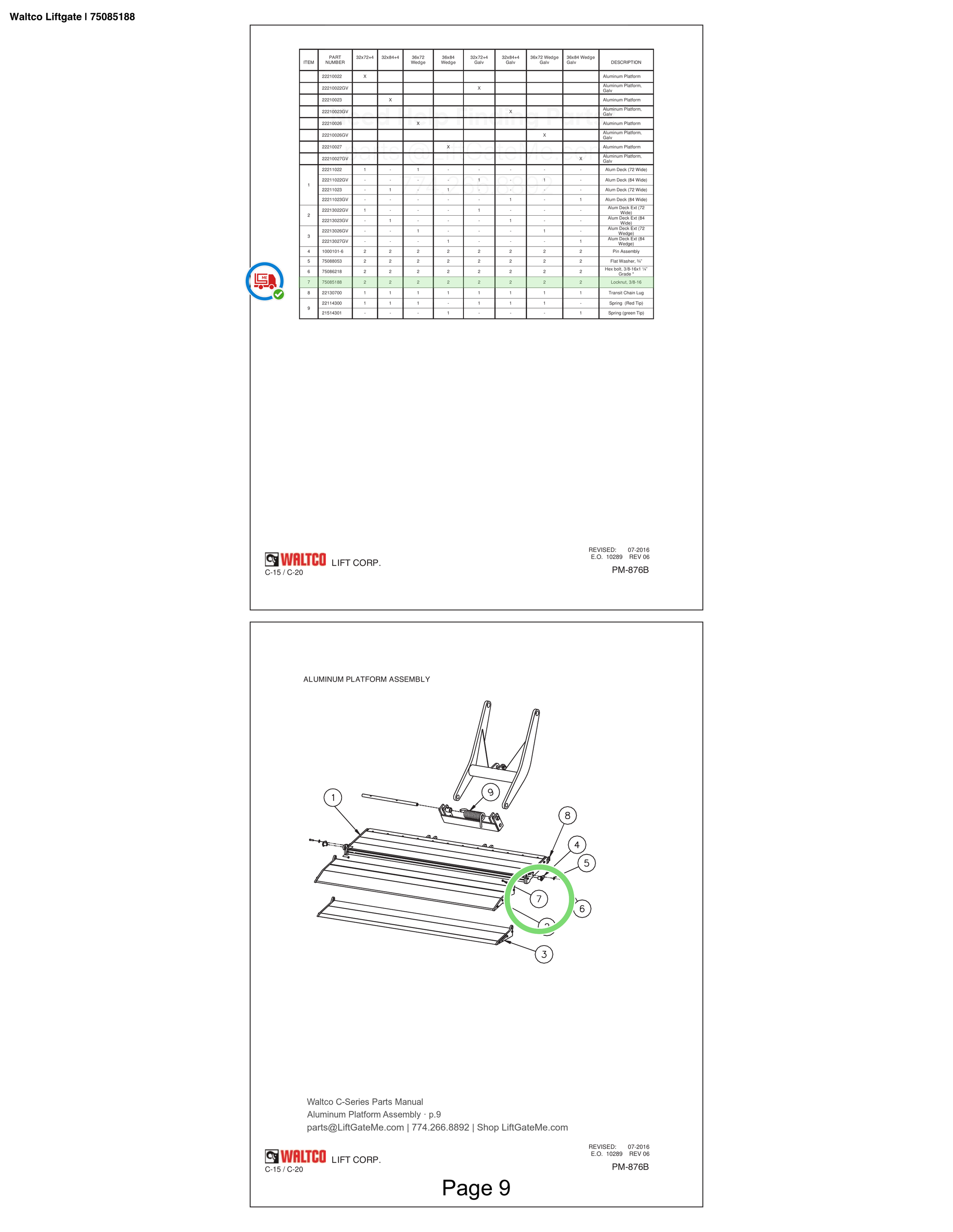 Waltco Liftgate | 75085188 — Aluminum Platform Assembly · p.9 (Waltco C-Series Parts Manual)