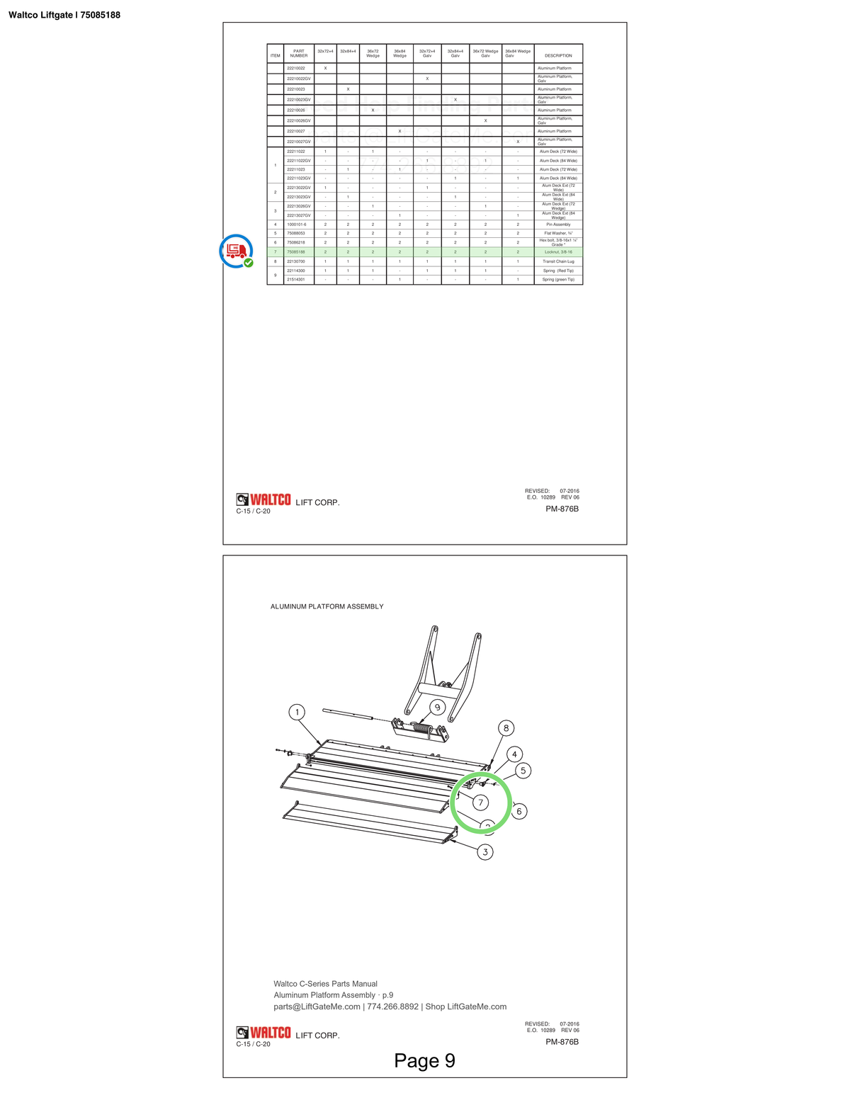 Waltco Liftgate | 75085188 — Aluminum Platform Assembly · p.9 (Waltco C-Series Parts Manual)