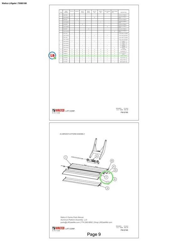 Waltco Liftgate | 75085188 — Aluminum Platform Assembly · p.9 (Waltco C-Series Parts Manual)