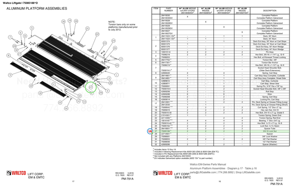 Waltco Liftgate | 75085188 — Aluminum Platform Assemblies · Diagram p.17 · Table p.16 (Waltco EM-Series Parts Manual)
