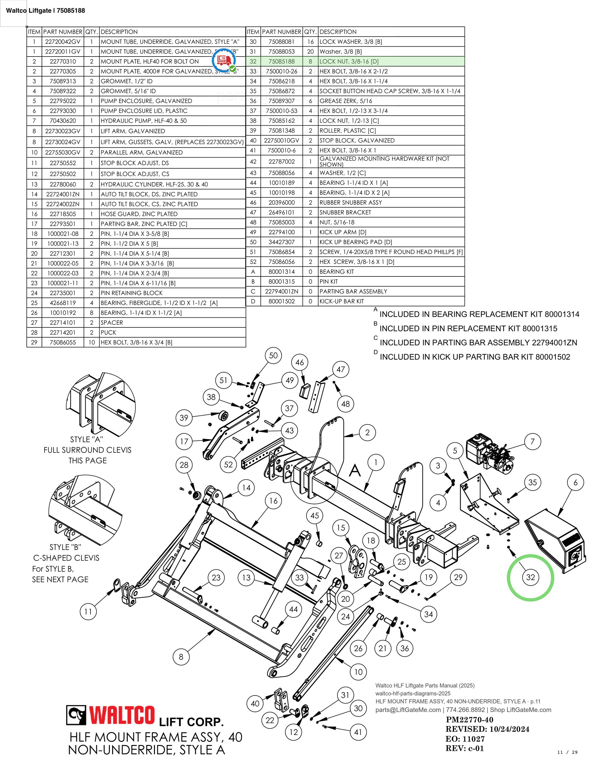 Waltco Liftgate | 75085188 — HLF MOUNT FRAME ASSY, 40 NON-UNDERRIDE, STYLE A · p.11 (Waltco HLF Parts Manual)