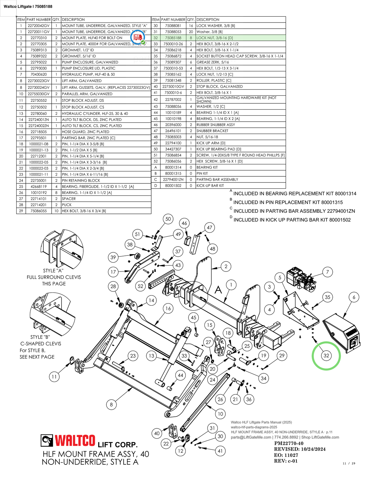 Waltco Liftgate | 75085188 — HLF MOUNT FRAME ASSY, 40 NON-UNDERRIDE, STYLE A · p.11 (Waltco HLF Parts Manual)