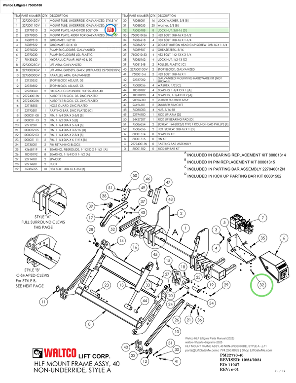 Waltco Liftgate | 75085188 — HLF MOUNT FRAME ASSY, 40 NON-UNDERRIDE, STYLE A · p.11 (Waltco HLF Parts Manual)