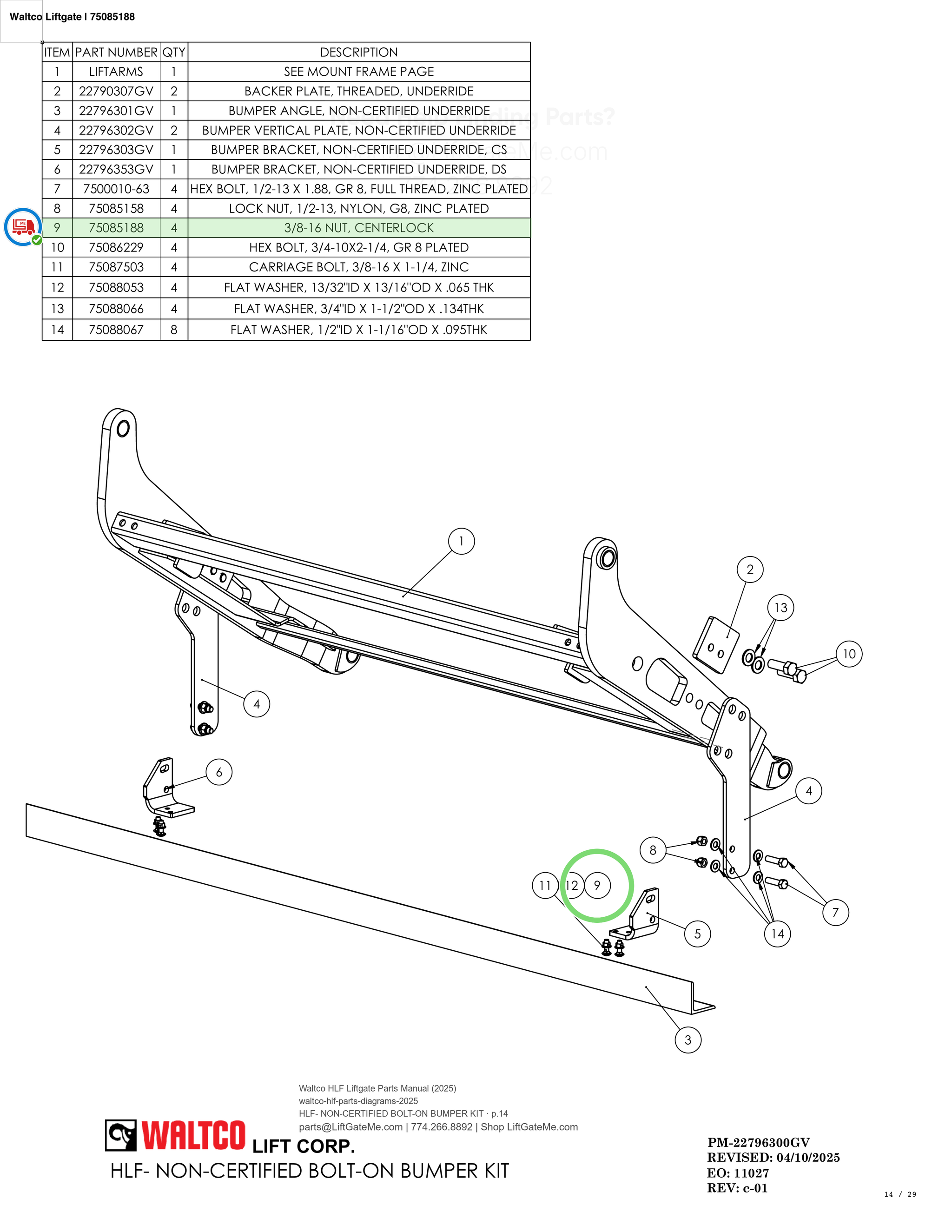 Waltco Liftgate | 75085188 — HLF- NON-CERTIFIED BOLT-ON BUMPER KIT · p.14 (Waltco HLF Parts Manual)
