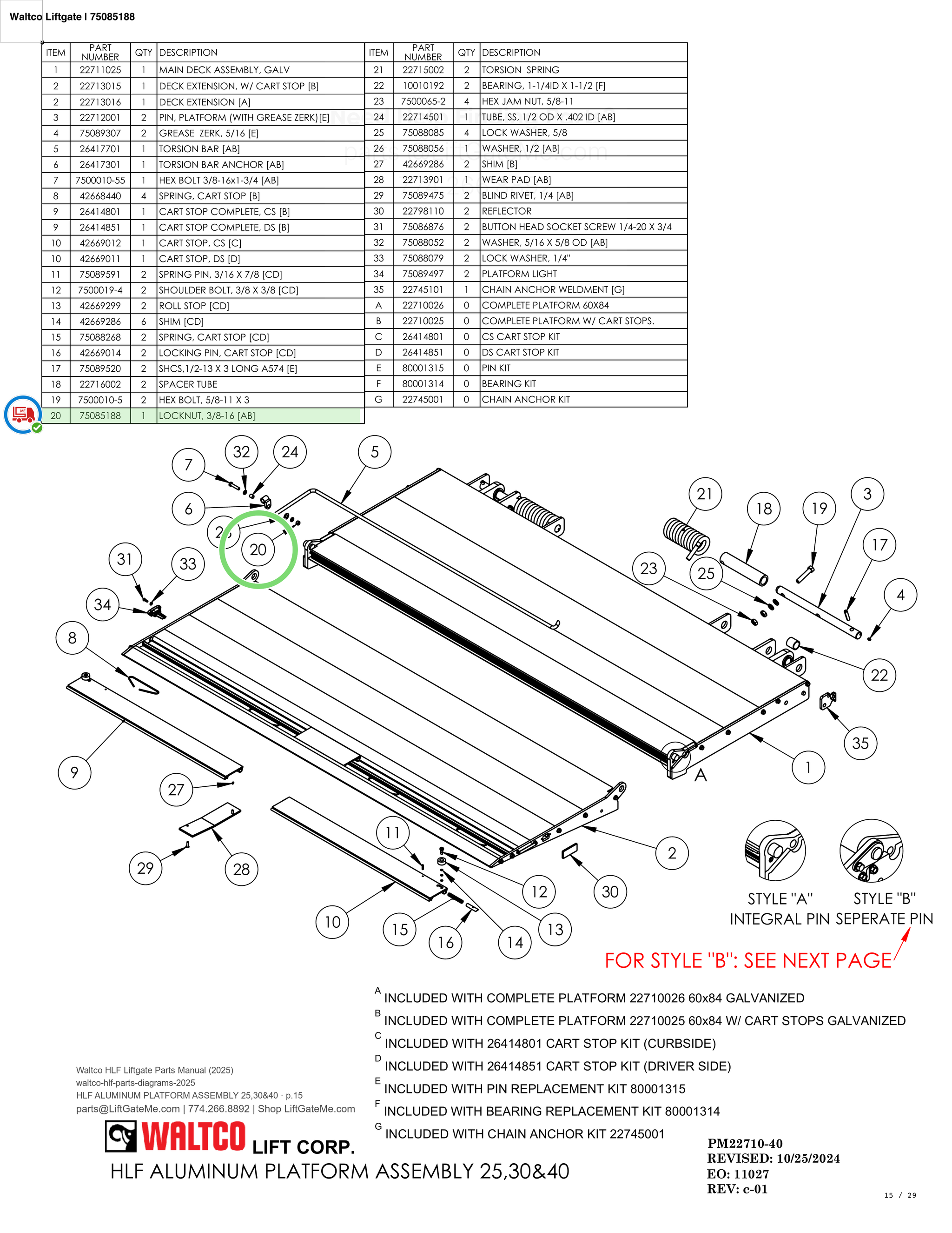 Waltco Liftgate | 75085188 — HLF ALUMINUM PLATFORM ASSEMBLY 25,30&40 · p.15 (Waltco HLF Parts Manual)