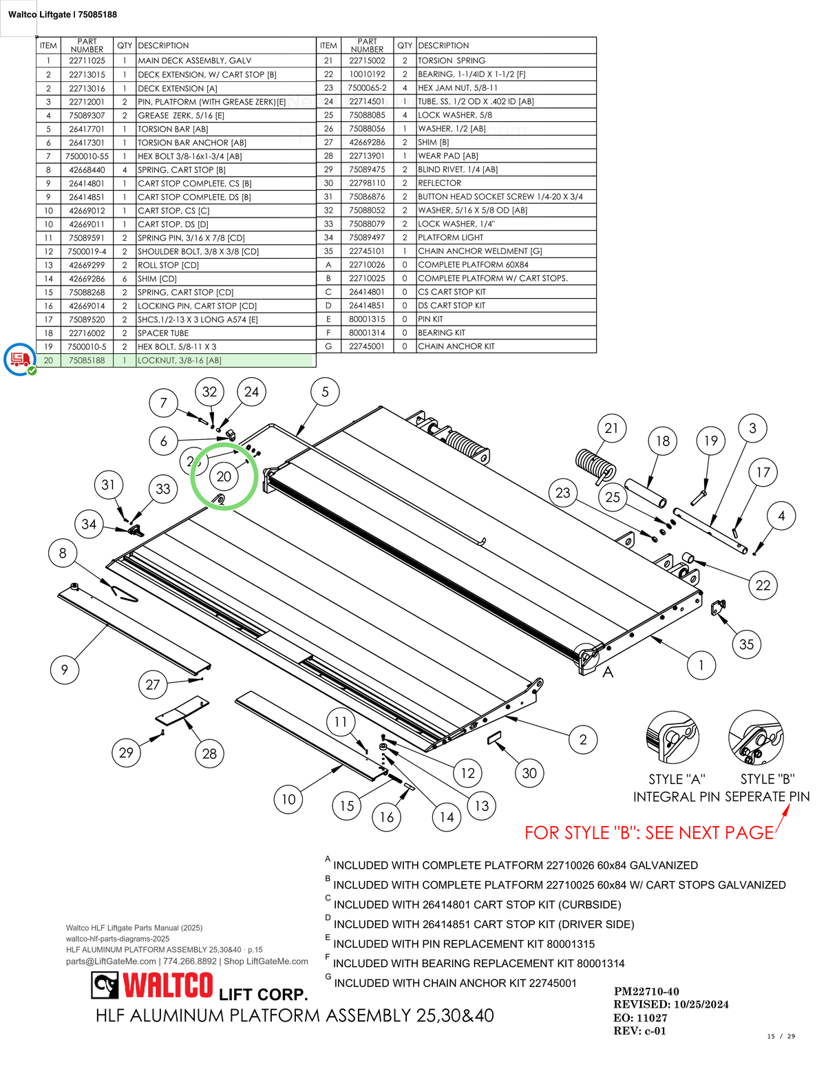 Waltco Liftgate | 75085188 — HLF ALUMINUM PLATFORM ASSEMBLY 25,30&40 · p.15 (Waltco HLF Parts Manual)