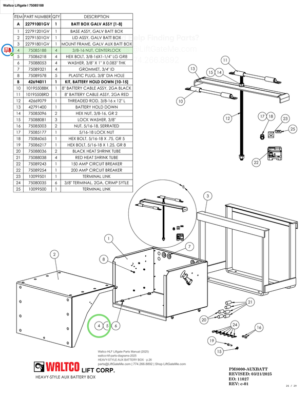 Waltco Liftgate | 75085188 — HEAVY-STYLE AUX BATTERY BOX · p.26 (Waltco HLF Parts Manual)