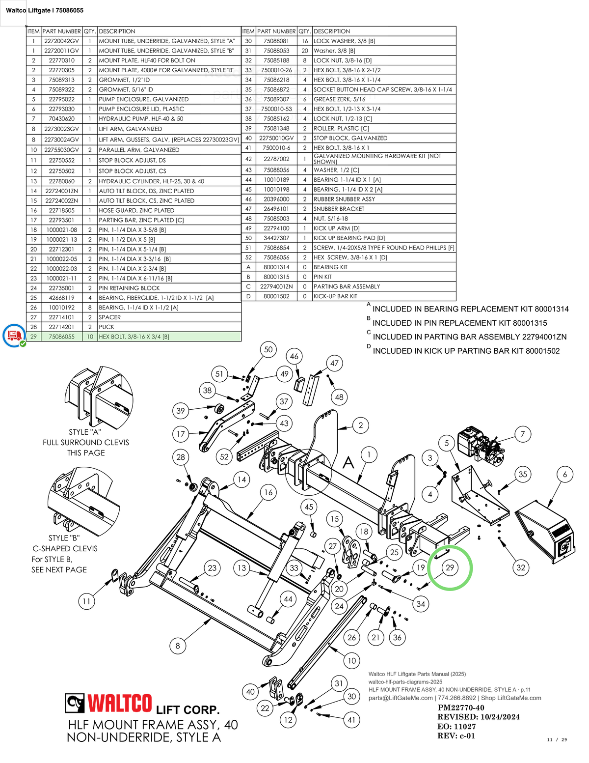 Waltco Liftgate | 75086055 — HLF MOUNT FRAME ASSY, 40 NON-UNDERRIDE, STYLE A · p.11 (Waltco HLF Parts Manual)