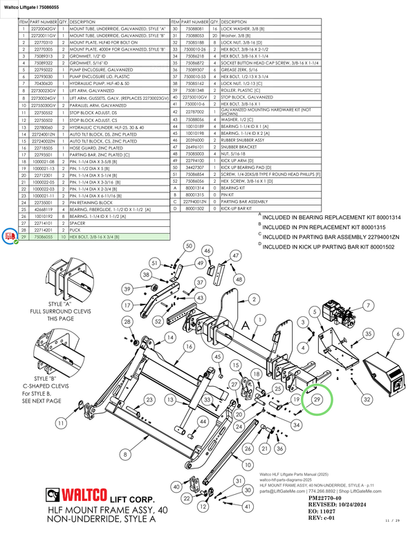Waltco Liftgate | 75086055 — HLF MOUNT FRAME ASSY, 40 NON-UNDERRIDE, STYLE A · p.11 (Waltco HLF Parts Manual)