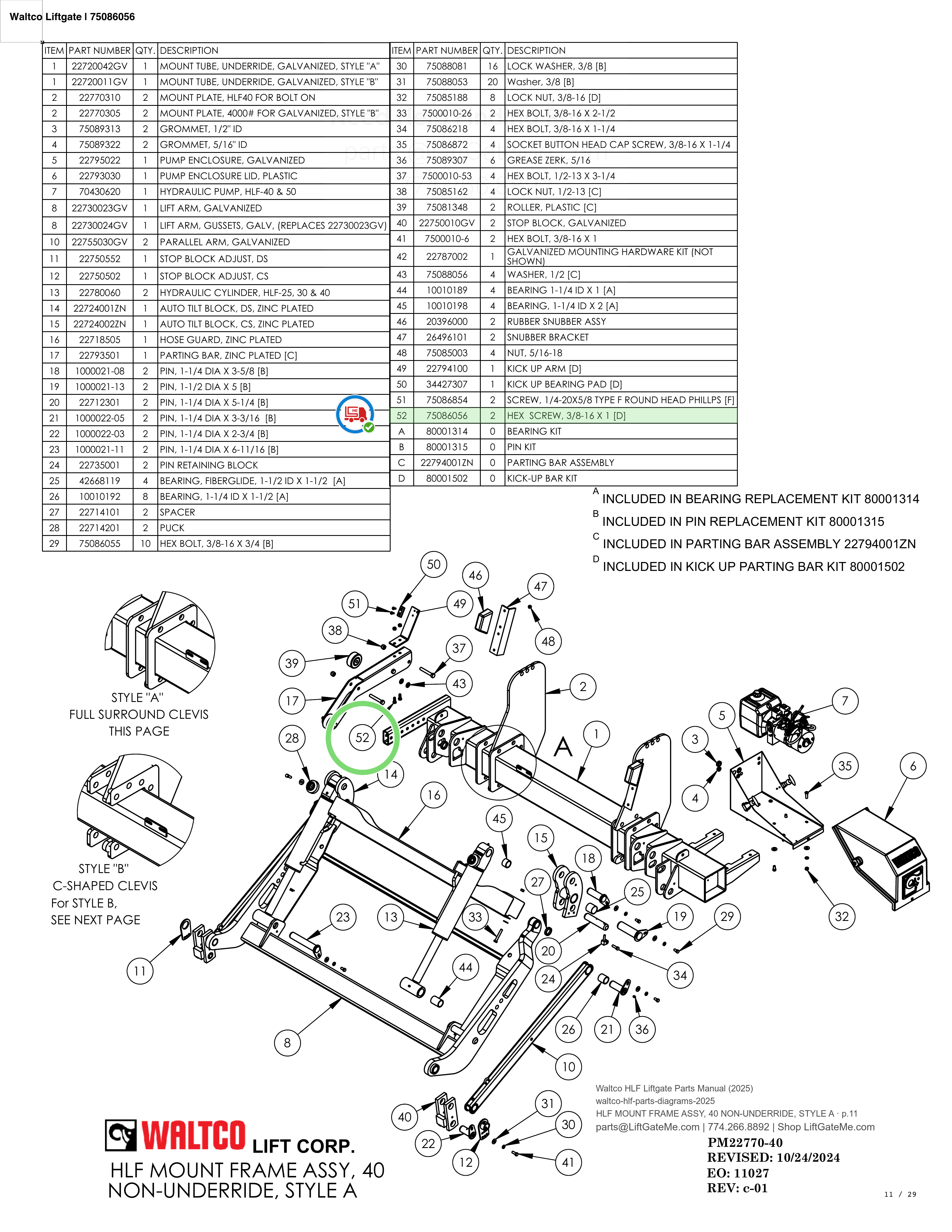 Waltco Liftgate | 75086056 — HLF MOUNT FRAME ASSY, 40 NON-UNDERRIDE, STYLE A · p.11 (Waltco HLF Parts Manual)