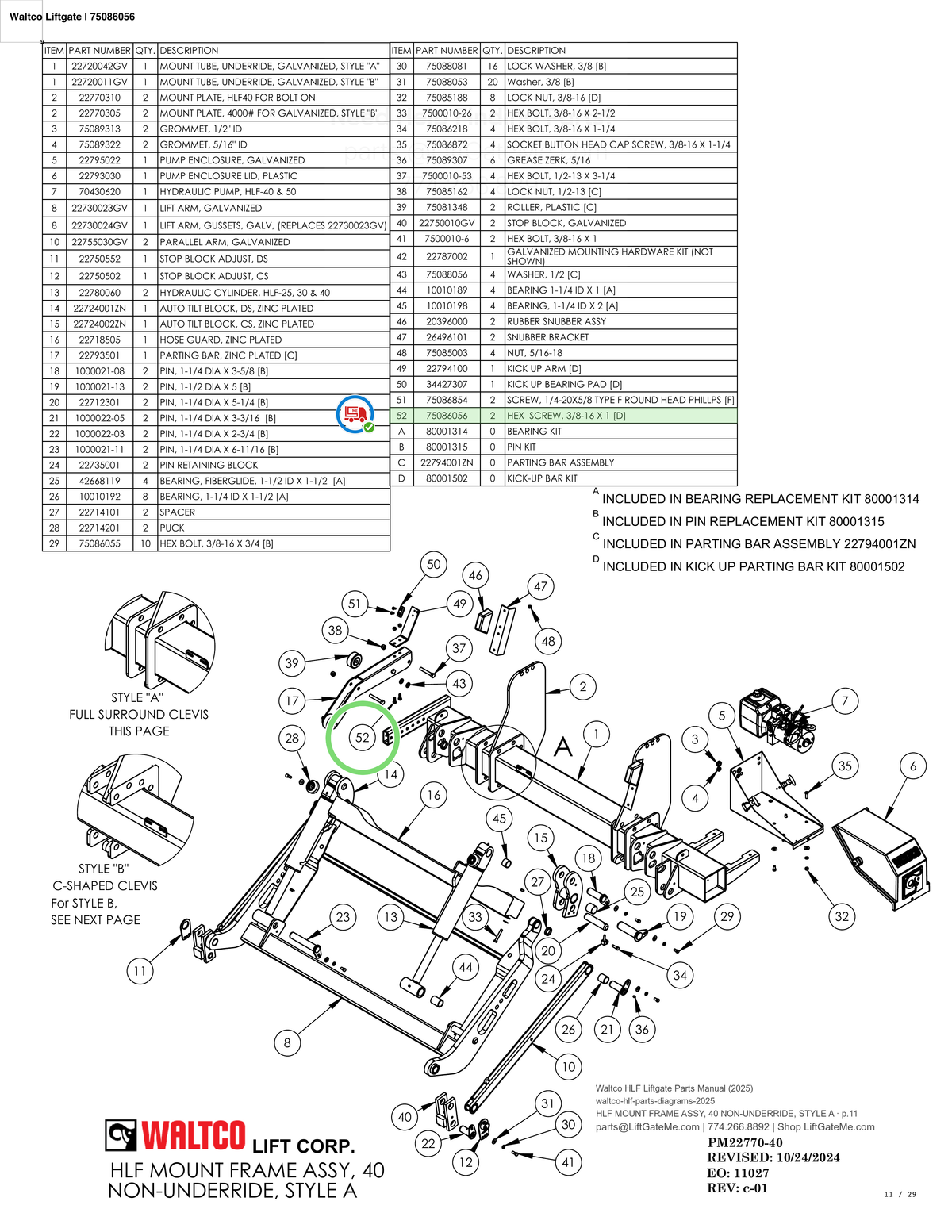Waltco Liftgate | 75086056 — HLF MOUNT FRAME ASSY, 40 NON-UNDERRIDE, STYLE A · p.11 (Waltco HLF Parts Manual)