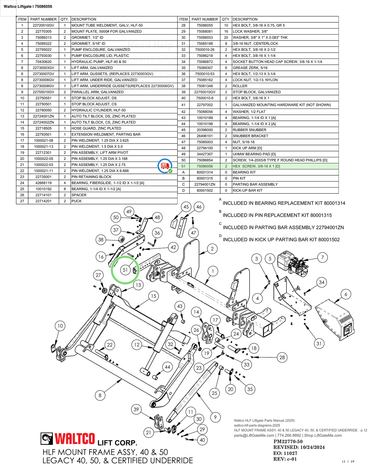 Waltco Liftgate | 75086056 — HLF MOUNT FRAME ASSY, 40 & 50 LEGACY 40, 50, & CERTIFIED UNDERRIDE · p.12 (Waltco HLF Parts Manual)