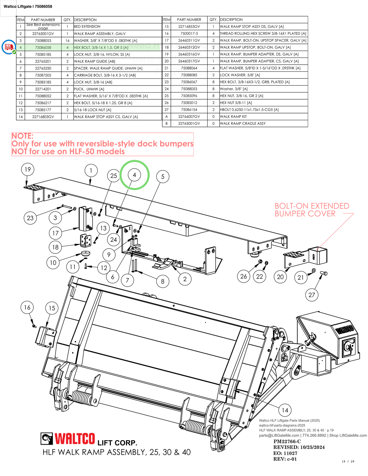 Waltco Liftgate | 75086058 — HLF WALK RAMP ASSEMBLY, 25, 30 & 40 · p.19 (Waltco HLF Parts Manual)