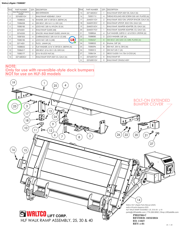 Waltco Liftgate | 75086067 — HLF WALK RAMP ASSEMBLY, 25, 30 & 40 · p.19 (Waltco HLF Parts Manual)