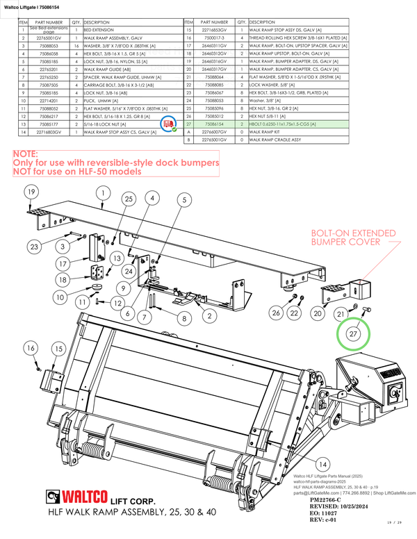 Waltco Liftgate | 75086154 — HLF WALK RAMP ASSEMBLY, 25, 30 & 40 · p.19 (Waltco HLF Parts Manual)