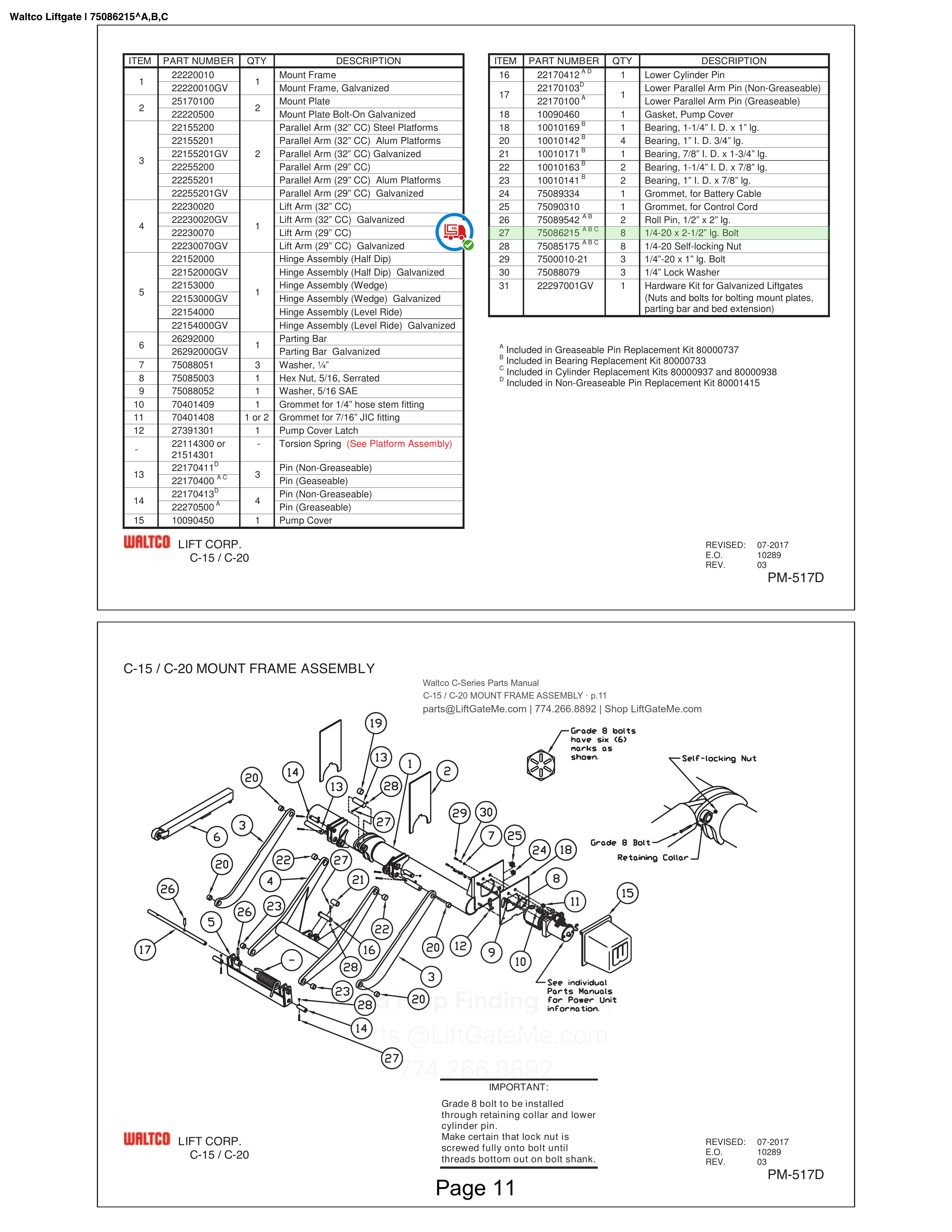 Waltco Liftgate | 75086215 — C-15 / C-20 MOUNT FRAME ASSEMBLY · p.11 (Waltco C-Series Parts Manual)
