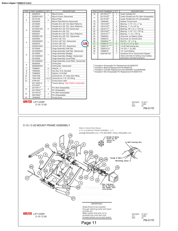 Waltco Liftgate | 75086215 — C-15 / C-20 MOUNT FRAME ASSEMBLY · p.11 (Waltco C-Series Parts Manual)