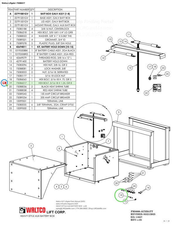 Waltco Liftgate | 75086217 — HEAVY-STYLE AUX BATTERY BOX · p.26 (Waltco HLF Parts Manual)