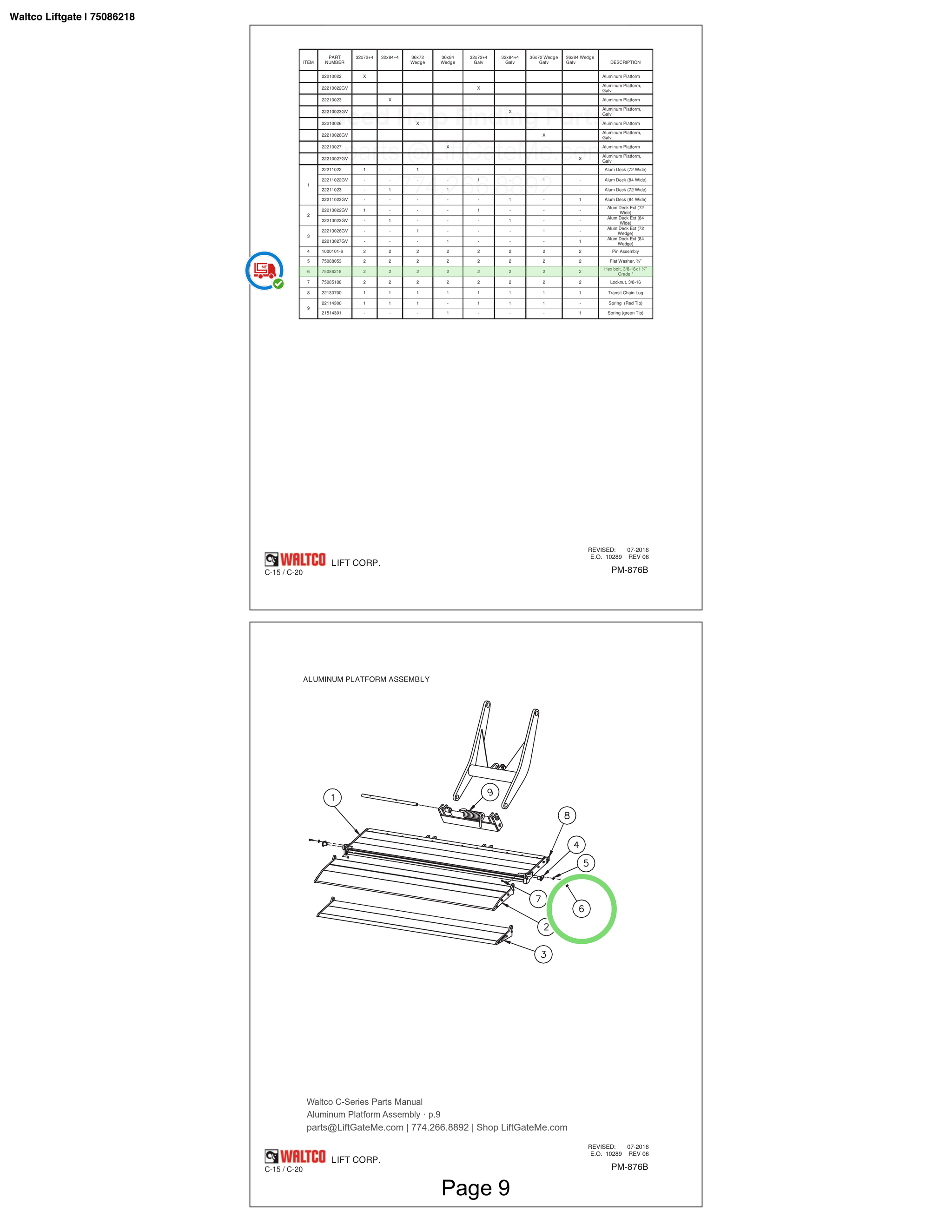 Waltco Liftgate | 75086218 — Aluminum Platform Assembly · p.9 (Waltco C-Series Parts Manual)