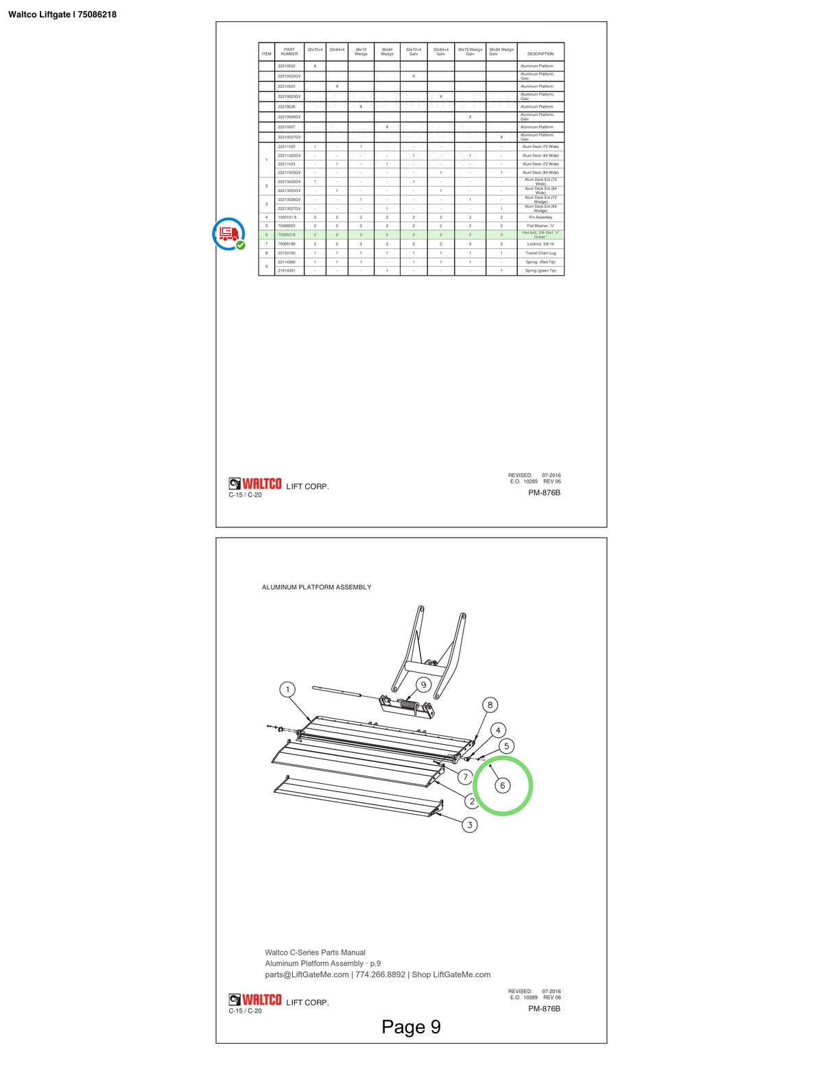 Waltco Liftgate | 75086218 — Aluminum Platform Assembly · p.9 (Waltco C-Series Parts Manual)