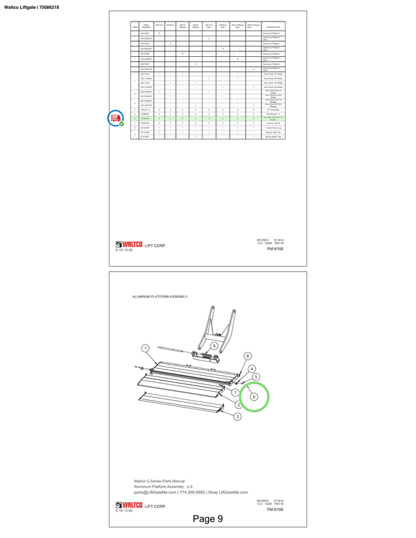 Waltco Liftgate | 75086218 — Aluminum Platform Assembly · p.9 (Waltco C-Series Parts Manual)