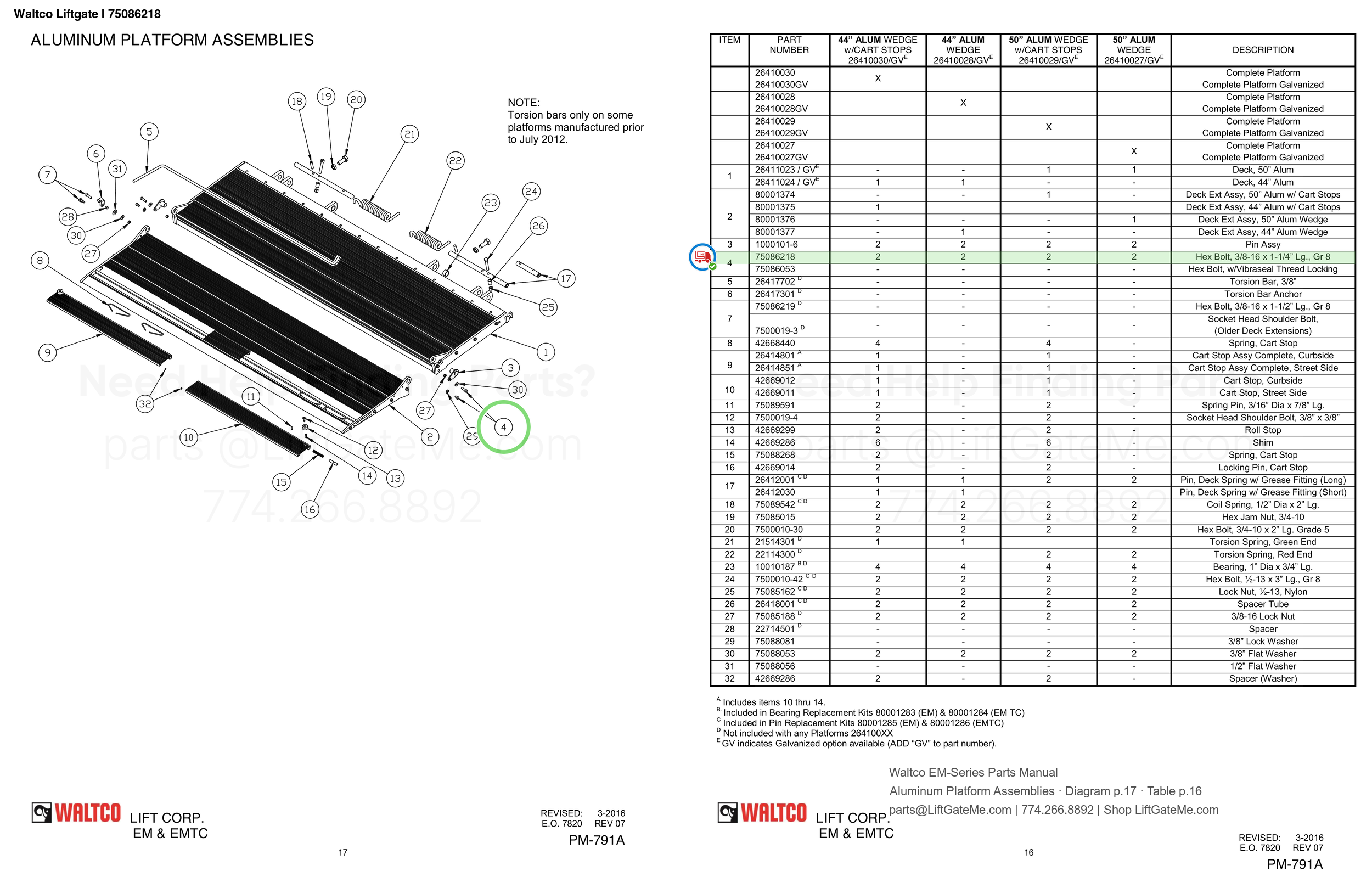 Waltco Liftgate | 75086218 — Aluminum Platform Assemblies · Diagram p.17 · Table p.16 (Waltco EM-Series Parts Manual)