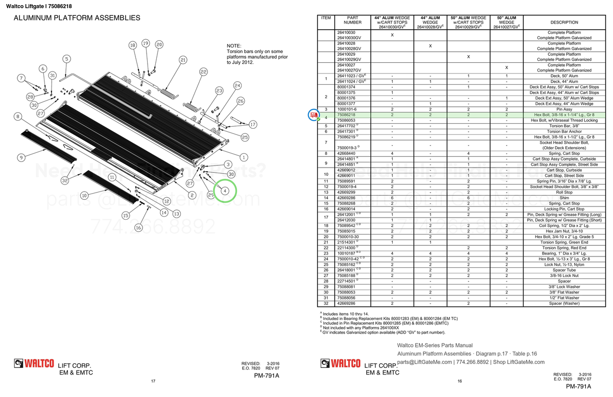 Waltco Liftgate | 75086218 — Aluminum Platform Assemblies · Diagram p.17 · Table p.16 (Waltco EM-Series Parts Manual)