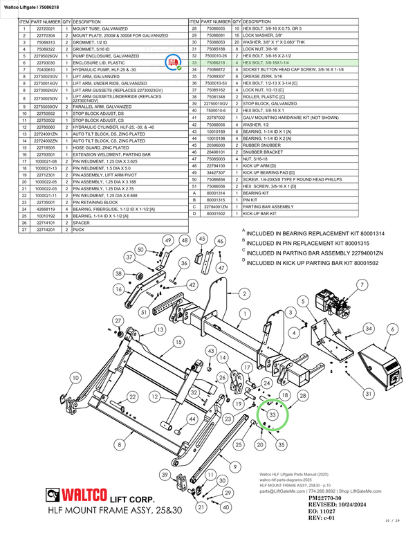 Waltco Liftgate | 75086218 — HLF MOUNT FRAME ASSY, 25&30 · p.10 (Waltco HLF Parts Manual)