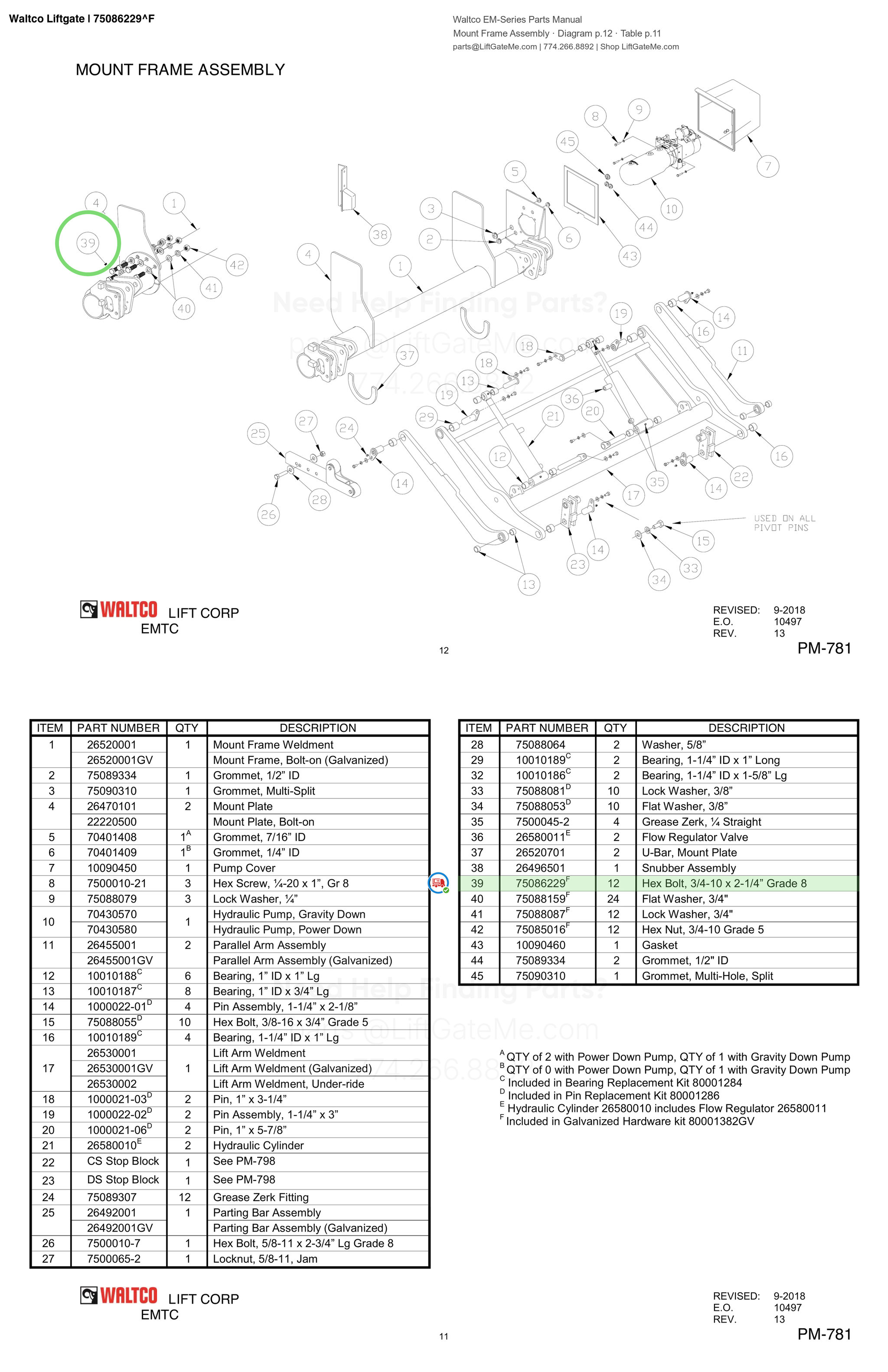 Waltco Liftgate | 75086229 — Mount Frame Assembly · Diagram p.12 · Table p.11 (Waltco EM-Series Parts Manual)