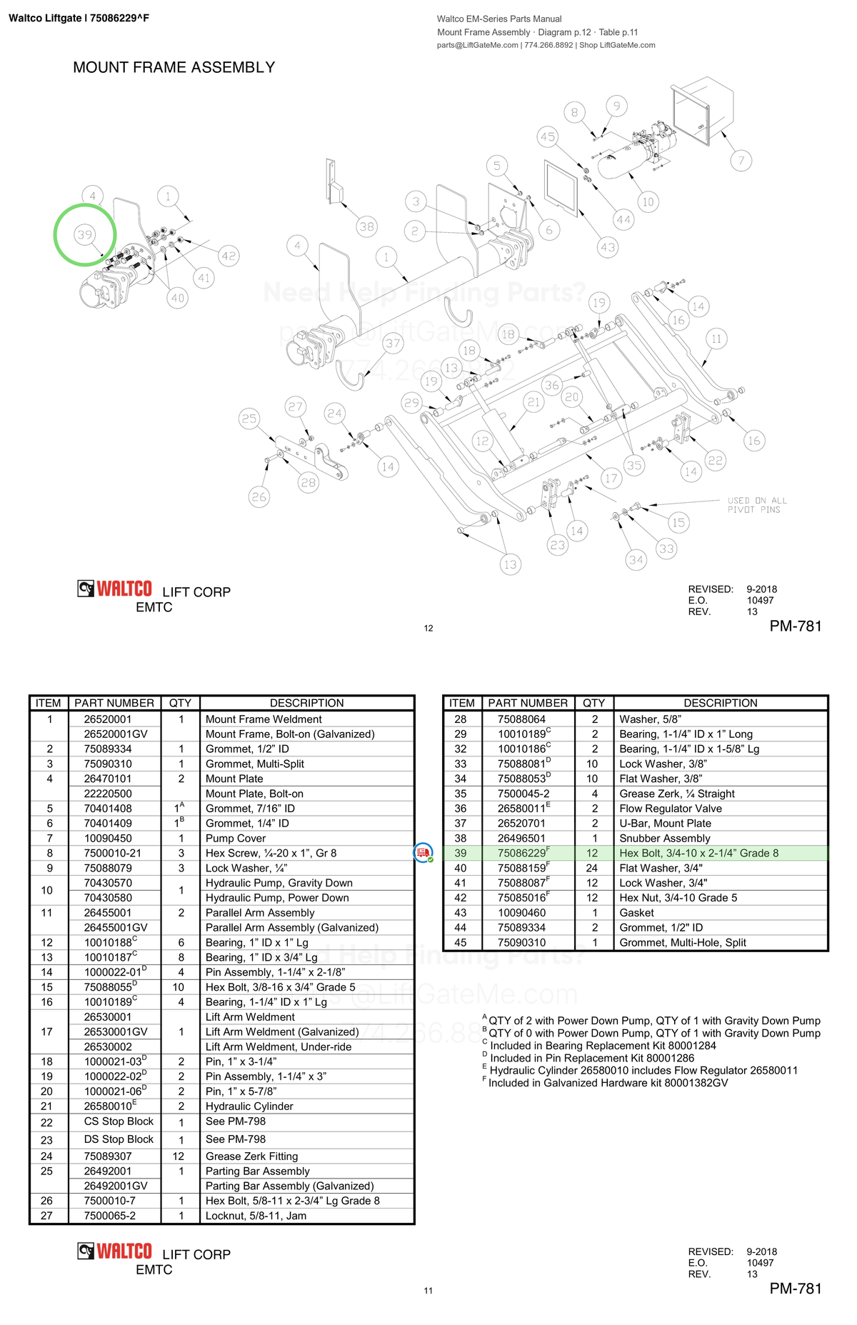 Waltco Liftgate | 75086229 — Mount Frame Assembly · Diagram p.12 · Table p.11 (Waltco EM-Series Parts Manual)