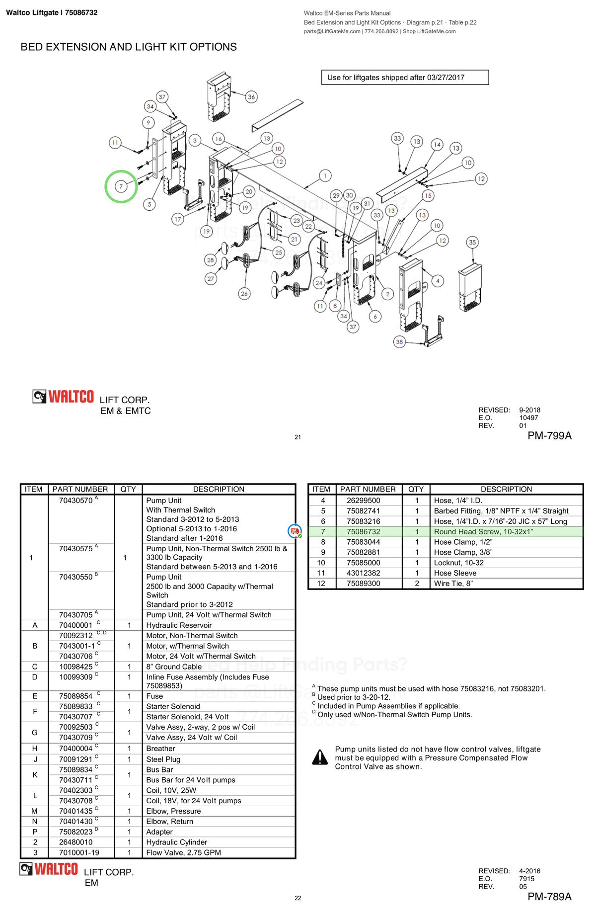 Waltco Liftgate | 75086732 — Bed Extension and Light Kit Options · Diagram p.21 · Table p.22 (Waltco EM-Series Parts Manual)