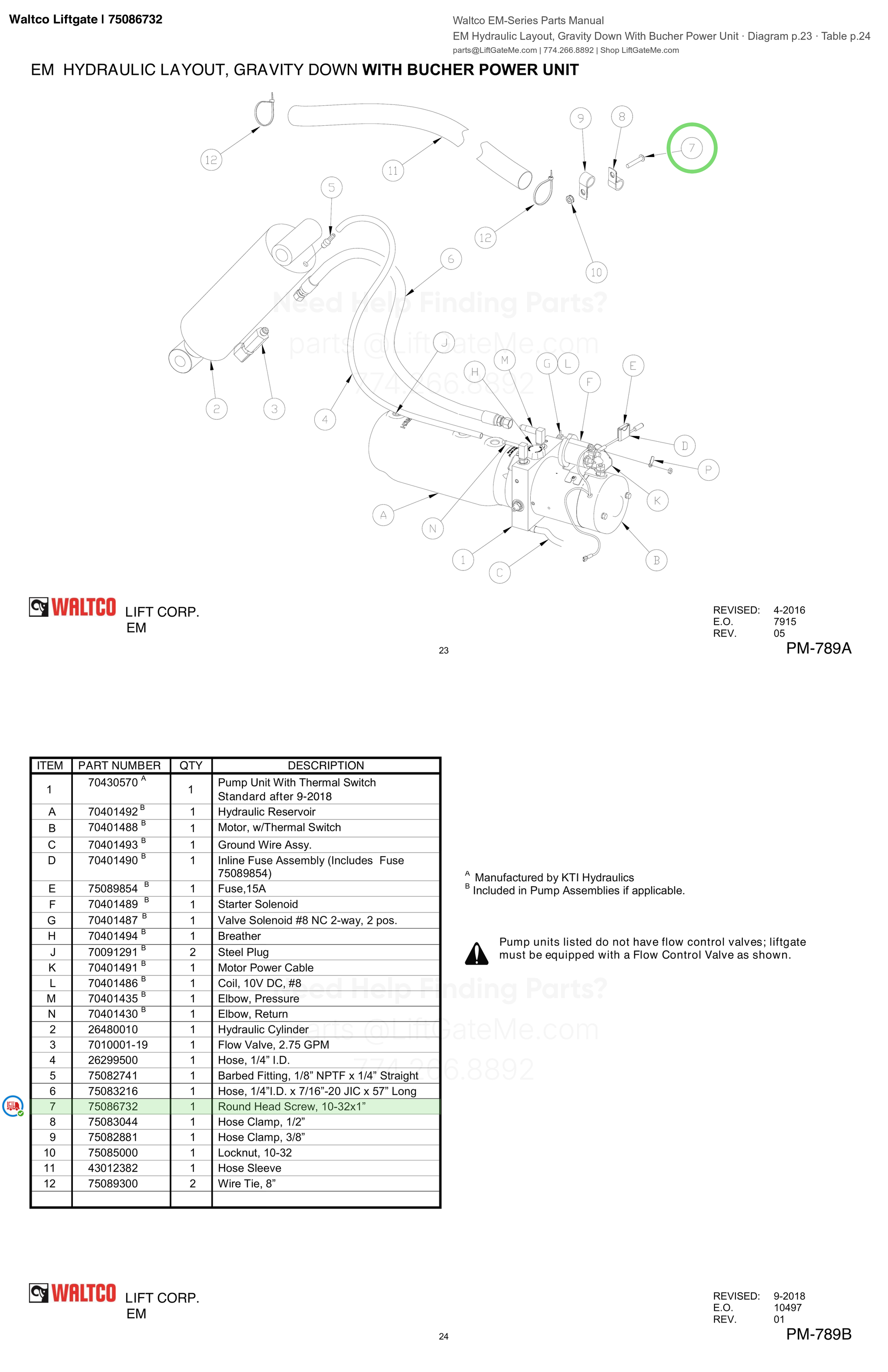 Waltco Liftgate | 75086732 — EM Hydraulic Layout, Gravity Down With Bucher Power Unit · Diagram p.23 · Table p.24 (Waltco EM-Series Parts Manual)
